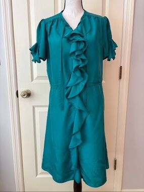 Lil Anthropologie 100% Silk Green Ruffle Front Retro Midi Dress size 8